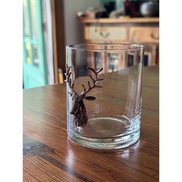 Brass Gold STAG Deer Medallion Double Old-Fashioned Glasses   (2) - Picture 2 of 10